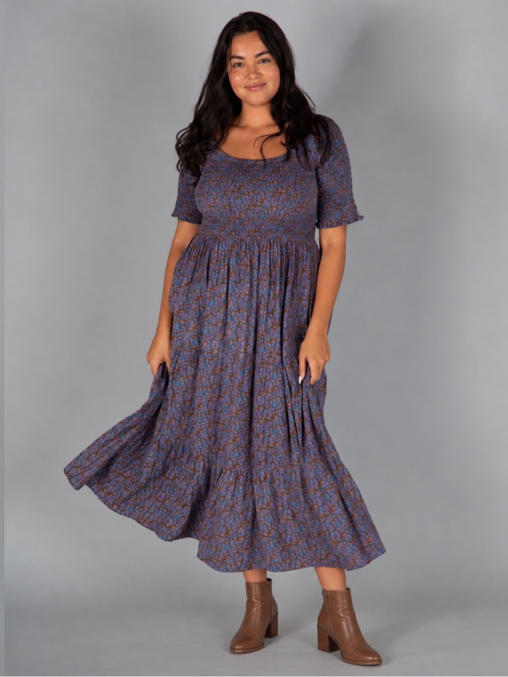 Natural Life Blue Floral Smocked Maxi Dress Size Medium NWT